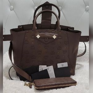 MCM - Calfskin Ottomar Monogram Medium Tote & Wallet Chestnut **AUTHENTIC**